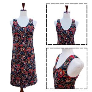Tu Women Y2K Corduroy Paisley Floral Button Front Shift Dress Size 8 Boho 90s